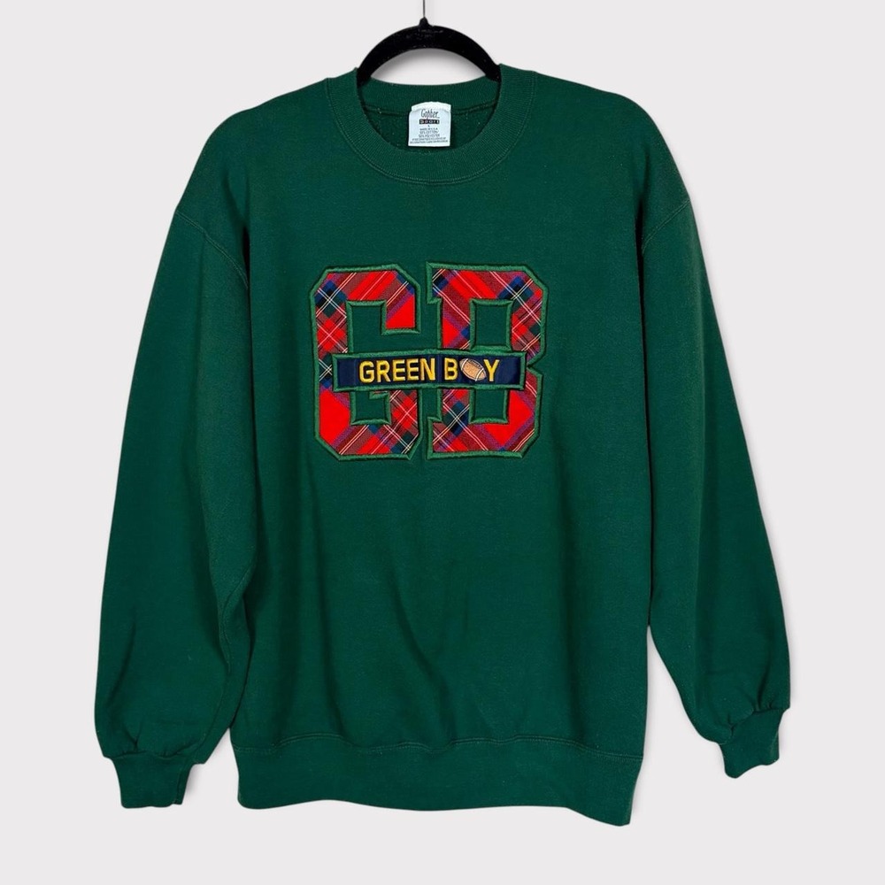 Vtg 90s Green Bay Packers Embroidered Plaid Crew Neck Pullover Sweatshirt Large